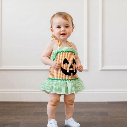 Newborn Baby Girl Halloween Outfit Halter Pumpkin Face/Ghost Embroidery Plaid/Stripe Ruffle Romper Dress in Kuwait