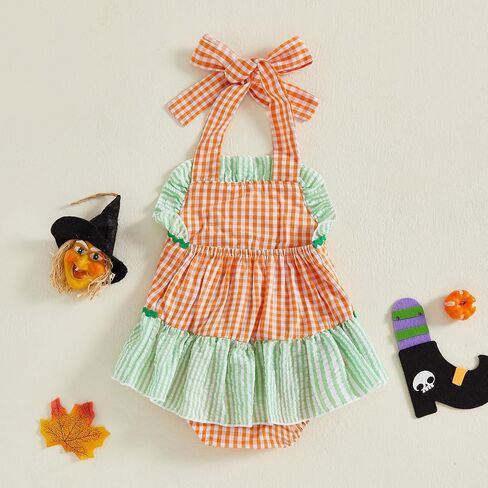 Newborn Baby Girl Halloween Outfit Halter Pumpkin Face/Ghost Embroidery Plaid/Stripe Ruffle Romper Dress in Kuwait