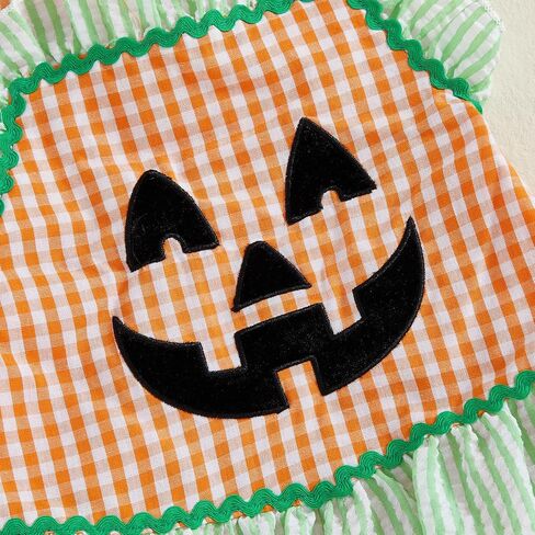 Newborn Baby Girl Halloween Outfit Halter Pumpkin Face/Ghost Embroidery Plaid/Stripe Ruffle Romper Dress in Kuwait