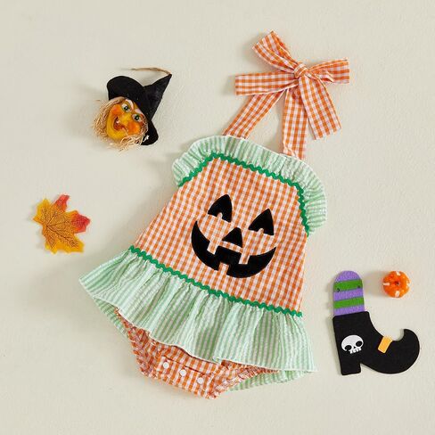 Newborn Baby Girl Halloween Outfit Halter Pumpkin Face/Ghost Embroidery Plaid/Stripe Ruffle Romper Dress in Kuwait