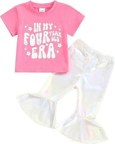 Eadrioss Baby Girl Birthday Outfit 1-4 Yr In My One/Two/Three/Four Era Birthday Outfit Top Shirts Sparkling Bell Bottoms in Saudi Arabia