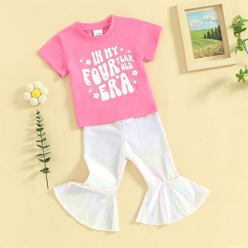 Eadrioss Baby Girl Birthday Outfit 1-4 Yr In My One/Two/Three/Four Era Birthday Outfit Top Shirts Sparkling Bell Bottoms in Saudi Arabia