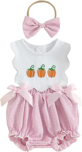 Baby Girl Halloween Embroidered Pumpkin Onesie + Bow | Newborn Infant Halloween Outfits Embroidered Pumpkin Onesie Pink Sleeveless Smocked Romper in Saudi Arabia