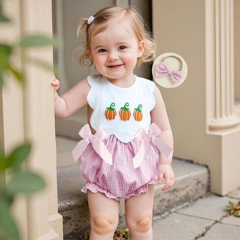 Baby Girl Halloween Embroidered Pumpkin Onesie + Bow | Newborn Infant Halloween Outfits Embroidered Pumpkin Onesie Pink Sleeveless Smocked Romper in Saudi Arabia