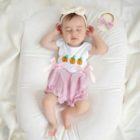 Baby Girl Halloween Embroidered Pumpkin Onesie + Bow | Newborn Infant Halloween Outfits Embroidered Pumpkin Onesie Pink Sleeveless Smocked Romper in Saudi Arabia