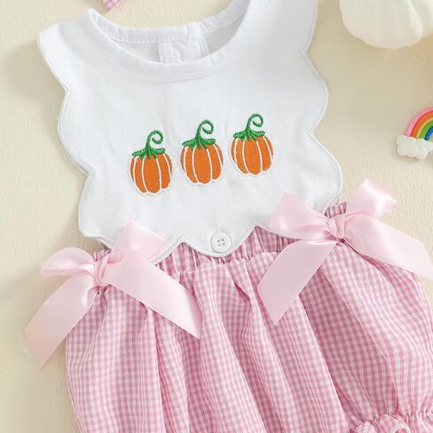 Baby Girl Halloween Embroidered Pumpkin Onesie + Bow | Newborn Infant Halloween Outfits Embroidered Pumpkin Onesie Pink Sleeveless Smocked Romper in Saudi Arabia