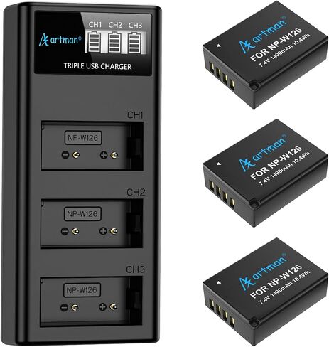 Artman 1400mAh NP-W126 NP-W126S Battery and 3-Slot LCD Charger for Fujifilm X100VI, X100V, XT30 II, XT30, XM5, XS10, XT20, XE4, X-A5, X-Pro2, X-Pro3, X-T3, X-T10, X-T20, X-T100, X-T200 Camera in Saudi Arabia