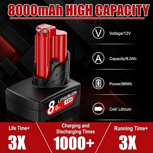 2Pack 8.0Ah Replacement for Milwaukee M12 Battery Lithium Compatible with Milwaukee 12V Battety 48-11-2401 48-11-2460 48-11-2402 48-11-2412 48-11-2411 48-11-2420 48-11-2410 48-11-2430 48-11-2440 in Saudi Arabia