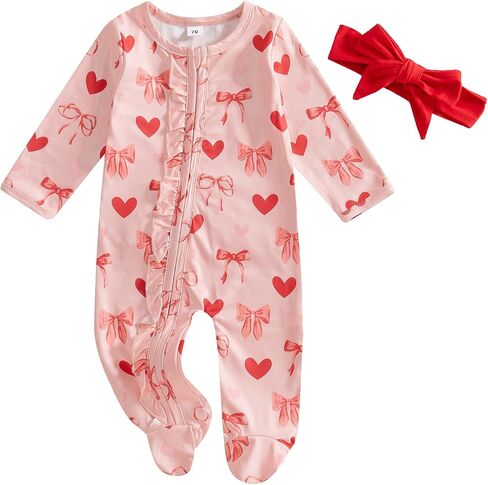 Valentines Baby Girl Outfit Long Sleeve Heart Print Romper Bodysuit Jumpsuit with Headband Newborn Clothes in Kuwait