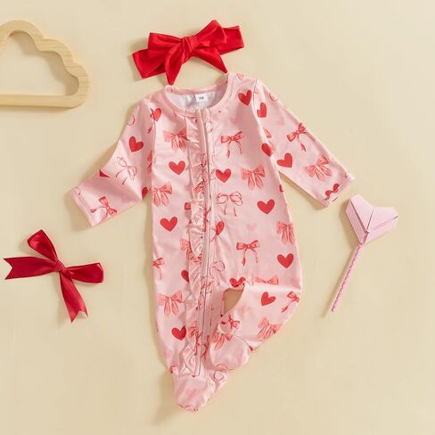 Valentines Baby Girl Outfit Long Sleeve Heart Print Romper Bodysuit Jumpsuit with Headband Newborn Clothes in Kuwait