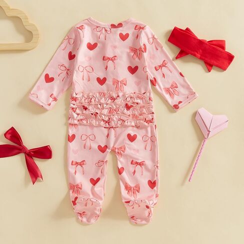 Valentines Baby Girl Outfit Long Sleeve Heart Print Romper Bodysuit Jumpsuit with Headband Newborn Clothes in Kuwait
