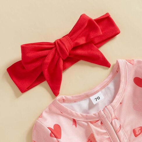 Valentines Baby Girl Outfit Long Sleeve Heart Print Romper Bodysuit Jumpsuit with Headband Newborn Clothes in Kuwait