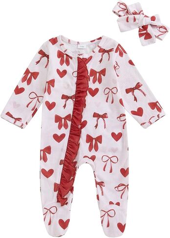 Valentines Baby Girl Outfit Long Sleeve Heart Print Romper Bodysuit Jumpsuit with Headband Newborn Clothes in Kuwait