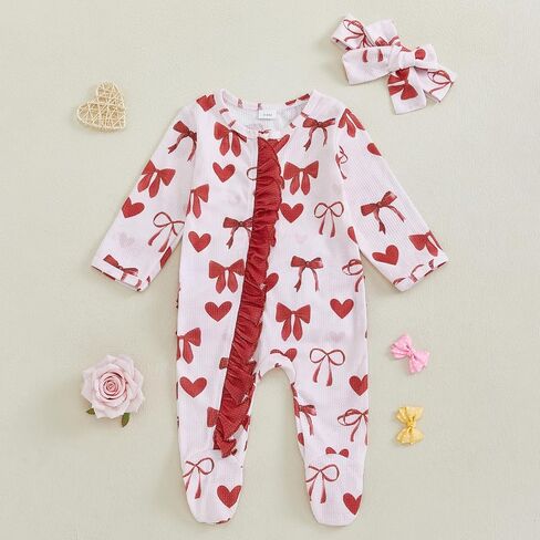 Valentines Baby Girl Outfit Long Sleeve Heart Print Romper Bodysuit Jumpsuit with Headband Newborn Clothes in Kuwait