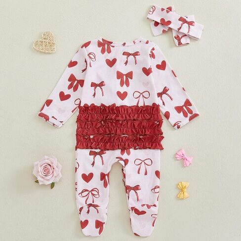 Valentines Baby Girl Outfit Long Sleeve Heart Print Romper Bodysuit Jumpsuit with Headband Newborn Clothes in Kuwait