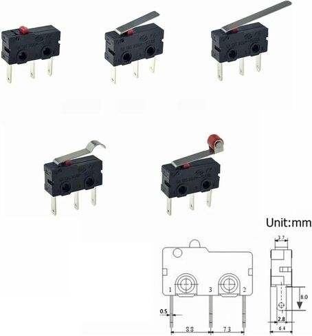5Pcs Limit Switch NO NC 3 Pins PCB Terminals SPDT 5A 125V 250V 29mm Roller Arc Lever Snap Action Push Microswitches(PCB Without Lever) in Saudi Arabia