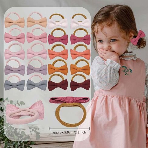 20Pcs Baby and Toddler Girls Hair Ties with Linen Bows 10 Colors No Damage Elastic Nylon Ponytail Fabric Holders Small Hair Accessories Fixator Multicolor for Female Thick or Thin Hair in Saudi Arabia