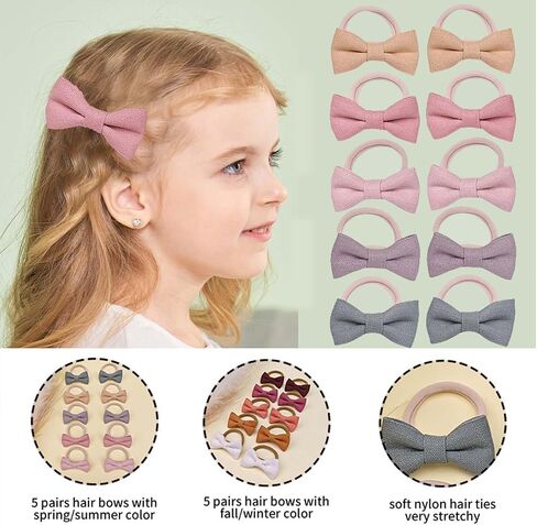 20Pcs Baby and Toddler Girls Hair Ties with Linen Bows 10 Colors No Damage Elastic Nylon Ponytail Fabric Holders Small Hair Accessories Fixator Multicolor for Female Thick or Thin Hair in Saudi Arabia