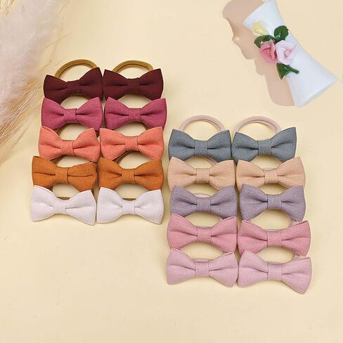 20Pcs Baby and Toddler Girls Hair Ties with Linen Bows 10 Colors No Damage Elastic Nylon Ponytail Fabric Holders Small Hair Accessories Fixator Multicolor for Female Thick or Thin Hair in Saudi Arabia