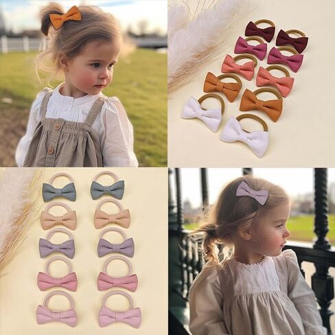 20Pcs Baby and Toddler Girls Hair Ties with Linen Bows 10 Colors No Damage Elastic Nylon Ponytail Fabric Holders Small Hair Accessories Fixator Multicolor for Female Thick or Thin Hair in Saudi Arabia