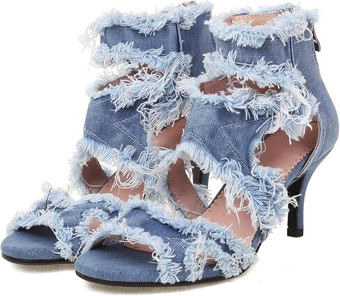SHEMEE Women's Denim Patchwork Mesh Peep Toe High Heels Sandals Booties Lace Up Summer Open-toe Back Zipper Short Ankle Boots in Kuwait