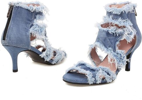 SHEMEE Women's Denim Patchwork Mesh Peep Toe High Heels Sandals Booties Lace Up Summer Open-toe Back Zipper Short Ankle Boots in Kuwait