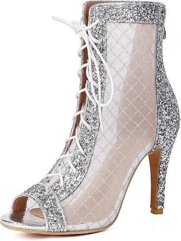 SHEMEE Women's Denim Patchwork Mesh Peep Toe High Heels Sandals Booties Lace Up Summer Open-toe Back Zipper Short Ankle Boots in Kuwait