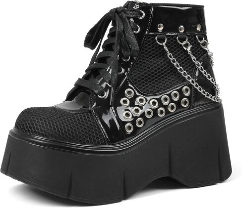 منصة سوداء للسيدات أحذية Wedge Goth Round Toe Lace Up Chain Mesh Punk Combat Combat Combat in Kuwait