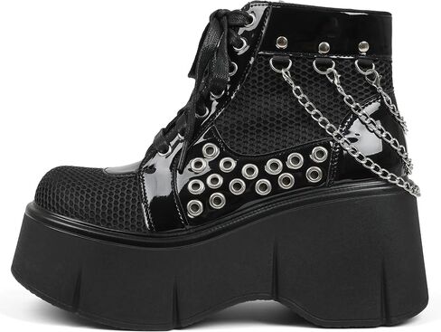 منصة سوداء للسيدات أحذية Wedge Goth Round Toe Lace Up Chain Mesh Punk Combat Combat Combat in Kuwait