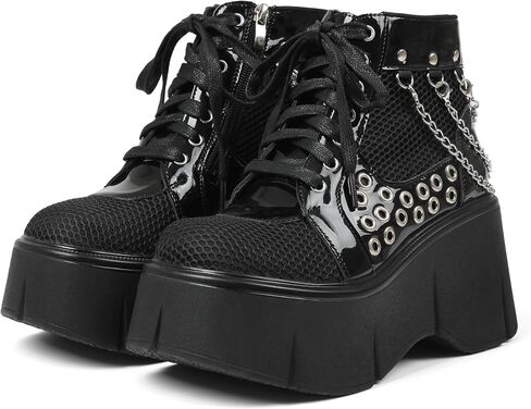 منصة سوداء للسيدات أحذية Wedge Goth Round Toe Lace Up Chain Mesh Punk Combat Combat Combat in Kuwait