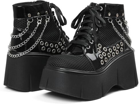 منصة سوداء للسيدات أحذية Wedge Goth Round Toe Lace Up Chain Mesh Punk Combat Combat Combat in Kuwait