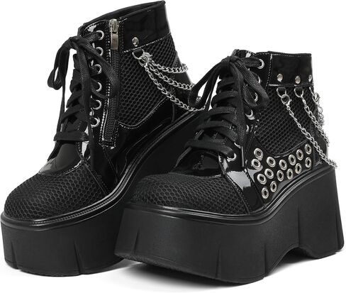 منصة سوداء للسيدات أحذية Wedge Goth Round Toe Lace Up Chain Mesh Punk Combat Combat Combat in Kuwait