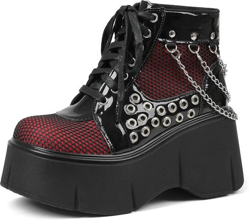 منصة سوداء للسيدات أحذية Wedge Goth Round Toe Lace Up Chain Mesh Punk Combat Combat Combat in Kuwait