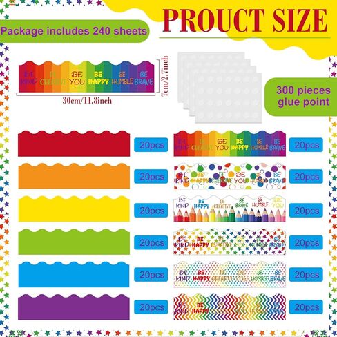 240 Pcs 236ft Holiday Bulletin Board Borders Colorful Rainbow Scalloped Border Trim Bulk Bulletin Decor for Classroom Back to School Decor(Cute) in Kuwait