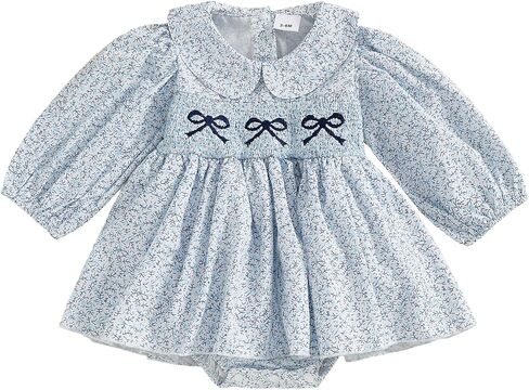 Newborn Baby Girl Clothes Floral Smocked Bubble Romper Dress Little Girl Bow Skirted Bodysuit Fall Winter in Kuwait