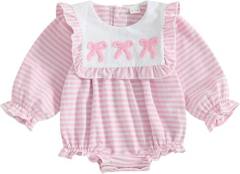 Newborn Baby Girl Outfit Bow Embroidery Bubble Romper Striped Ruffle Jumpsuit Cute Long Sleeve Bodysuit Top in Kuwait
