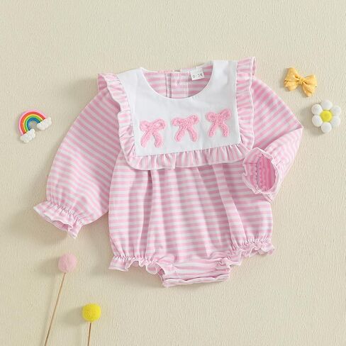 Newborn Baby Girl Outfit Bow Embroidery Bubble Romper Striped Ruffle Jumpsuit Cute Long Sleeve Bodysuit Top in Kuwait