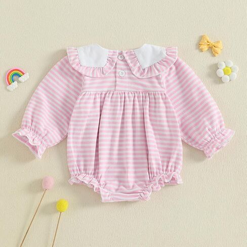 Newborn Baby Girl Outfit Bow Embroidery Bubble Romper Striped Ruffle Jumpsuit Cute Long Sleeve Bodysuit Top in Kuwait