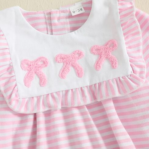 Newborn Baby Girl Outfit Bow Embroidery Bubble Romper Striped Ruffle Jumpsuit Cute Long Sleeve Bodysuit Top in Kuwait