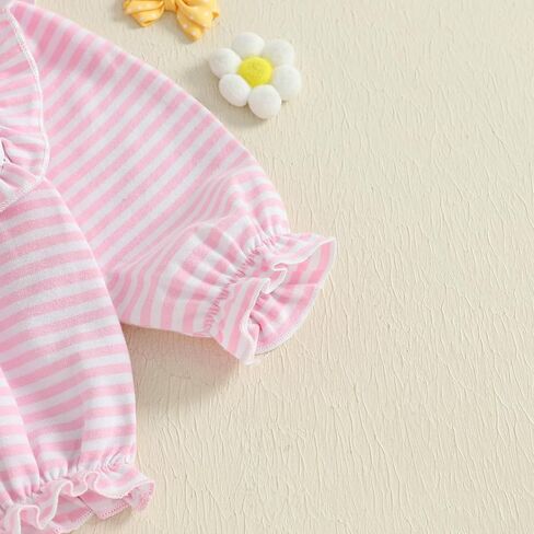 Newborn Baby Girl Outfit Bow Embroidery Bubble Romper Striped Ruffle Jumpsuit Cute Long Sleeve Bodysuit Top in Kuwait