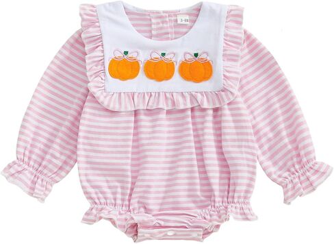 Newborn Baby Girl Outfit Bow Embroidery Bubble Romper Striped Ruffle Jumpsuit Cute Long Sleeve Bodysuit Top in Kuwait