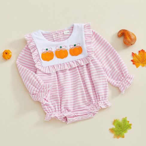 Newborn Baby Girl Outfit Bow Embroidery Bubble Romper Striped Ruffle Jumpsuit Cute Long Sleeve Bodysuit Top in Kuwait