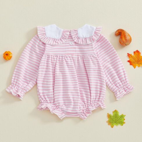 Newborn Baby Girl Outfit Bow Embroidery Bubble Romper Striped Ruffle Jumpsuit Cute Long Sleeve Bodysuit Top in Kuwait