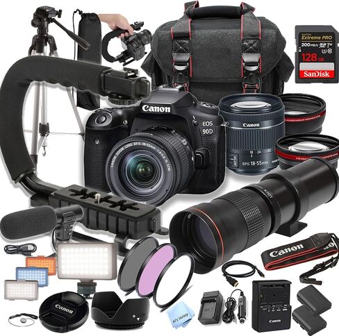 Canon EOS 90D DSLR Camera w/ 18-55mm STM + 420-800mm Super Teamelets + 128GB SPEED SPEED ، U-GRIP ، MICROPHONE ، LED VIDEO LIGH in Saudi Arabia