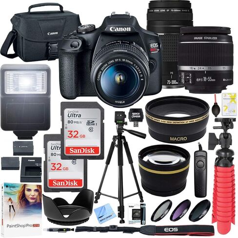 Canon T7 EOS Rebel DSLR كاميرا مع EF-S 18-55mm f/3.5-5.6 IS II و EF 75-300MM F/4-5.6 III Lens واثنتان (2) (متجدد) بطاقات ذاكرة SDHC 32GB بالإضافة إلى حزمة بطارية مزدوجة بالإضافة إلى حزمة بطارية مزدوجة in Kuwait