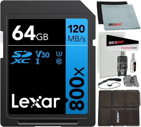 LEXAR LSD0800064G-BNNNU 64GB عالي الأداء 800X UHS-I SDXC CARDLE BUNDLE Blue Series Bundle مع مجموعة الملحقات بما في ذلك قارئ وحالة + أغطية شاشة LCD + قطعة قماش مائية ومزيد in Saudi Arabia