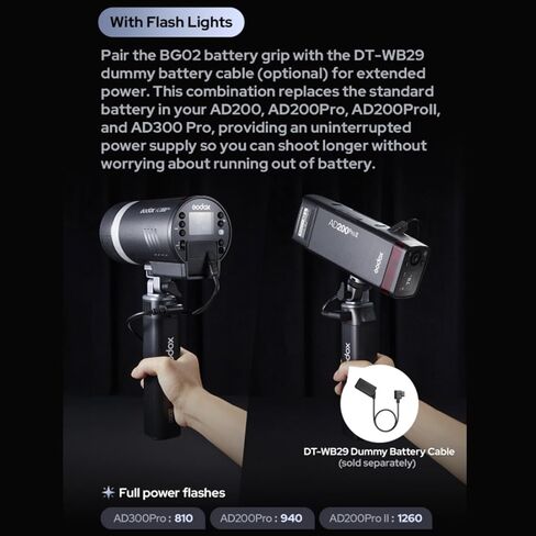 Godox BG02 Battery Grip, 6600mAh 95.04Wh, 160° Tilting Head, 1/4" Threaded Hole for Godox ML and FH Series LED Video Lights and AD200, AD200Pro,AD200ProII,and AD300 Pro Flash in Saudi Arabia