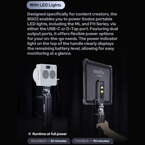 Godox BG02 Battery Grip, 6600mAh 95.04Wh, 160° Tilting Head, 1/4" Threaded Hole for Godox ML and FH Series LED Video Lights and AD200, AD200Pro,AD200ProII,and AD300 Pro Flash in Saudi Arabia