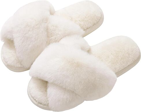 Fuzzy Slide Slippers for Women – Open Toe Faux Fur House Shoes with Memory Foam, Cute Indoor Bedroom Slippers for Ladies & Teens in Kuwait