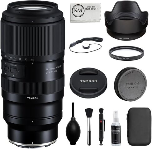 عدسة Tamron مقاس 50-400 مم f/4.5-6.3 Di III VC VXD متوافقة مع Nikon Z Mount مع فلتر للأشعة فوق البنفسجية مقاس 67 مم + مجموعة تنظيف الكاميرا + قلم عدسة + حافظة غطاء العدسة + قطعة قماش للتنظيف من الألياف الدقيقة (6 قطع) in Kuwait
